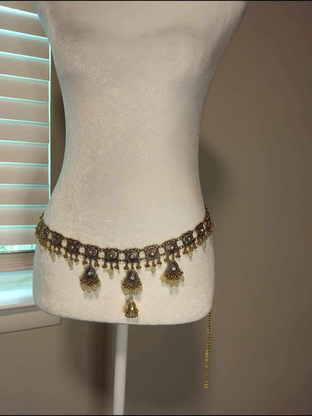 Gold-Tone Dangle Belly Chain Necklace with Teardrop Charm Accents